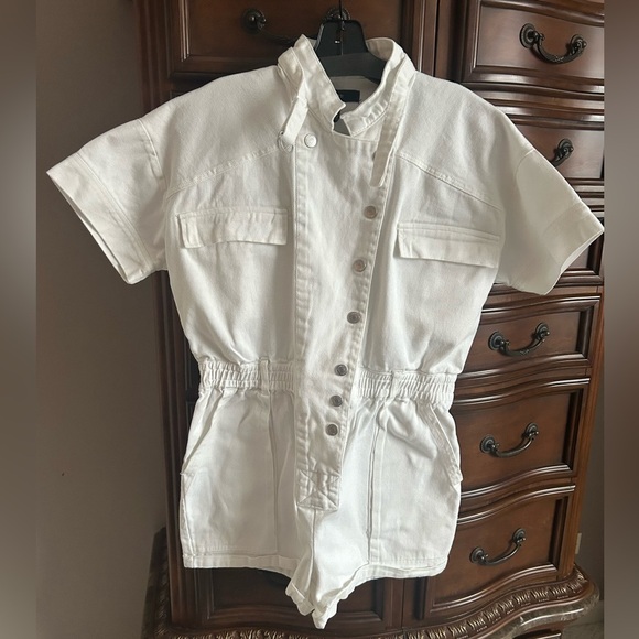 Forever 21 White Utility Denim Short Sleeve Romper Button Front One-Piece Size M - Picture 2 of 5